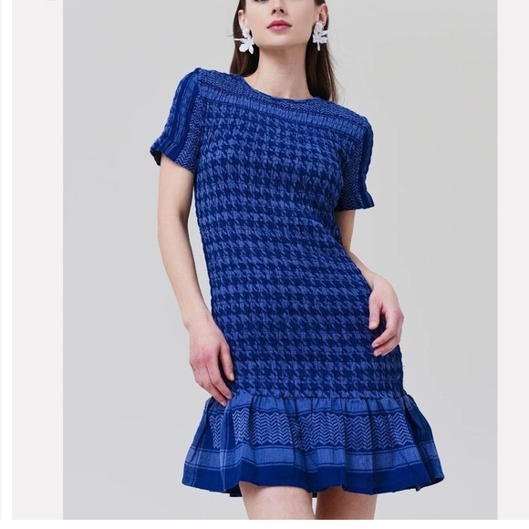 Summery Copenhagen Women's Celine Short Sleeve Dress Blue Houndstooth Size Small - Picture 1 of 12